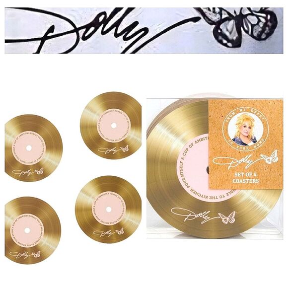 Dolly Parton Set Of 4 Gold Vinyl Coaster Set - Picture 1 of 6